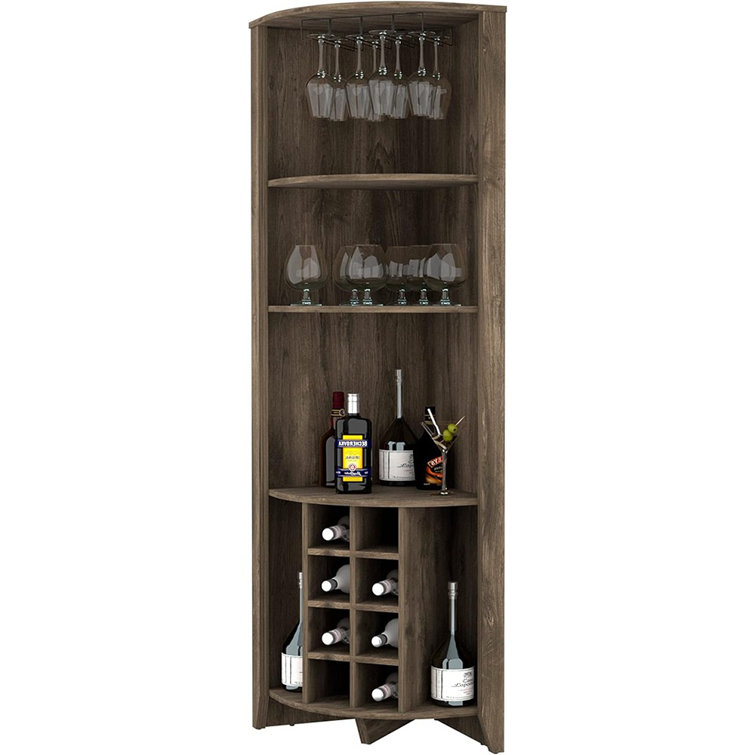 Gracie Oaks Bouvet Corner Bar Cabinet With 3 Shelves 8 Wine Cubbies Cup Rack And 2 Side Shelves Dark Brown